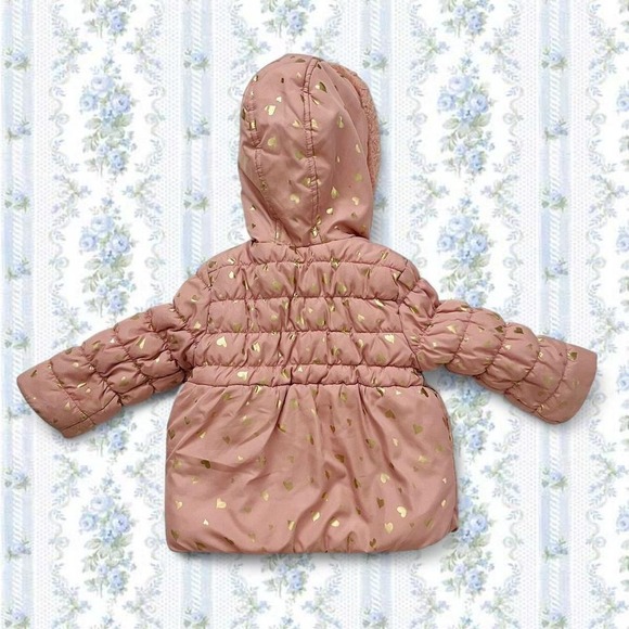 Wippette Kids Pink Puffer Coat Shiny Gold Hearts Faux Fur Lined Hood Toddlers - Picture 5 of 5